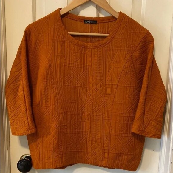 Rust Orange Textured Geometric Print Top 3/4 Sleeve Boho Bohemian Aztec - Picture 1 of 6